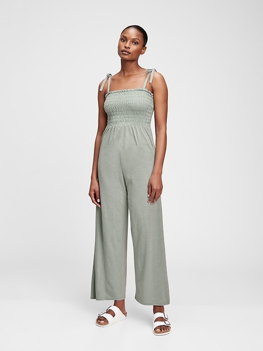 1 of 8 showing, with the color sage green of product Smocked Shoulder-Tie Jumpsuit