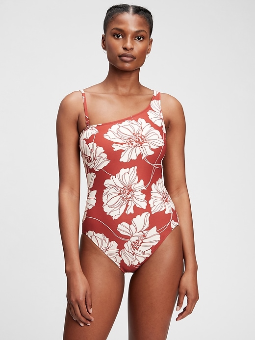 1 of 8 showing, with the color red floral of product One-Shoulder One-Piece Suit