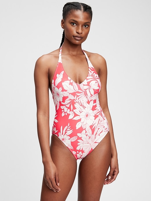 1 of 8 showing, with the color pink coral floral print of product Recycled Tie-Back One-Piece Swimsuit