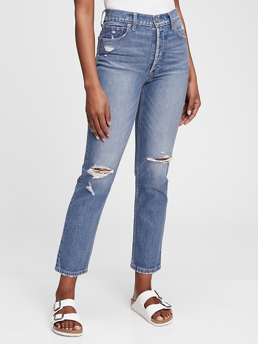 1 of 8 showing, with the color medium blue indigo of product High Rise Cheeky Straight Jeans with Washwell