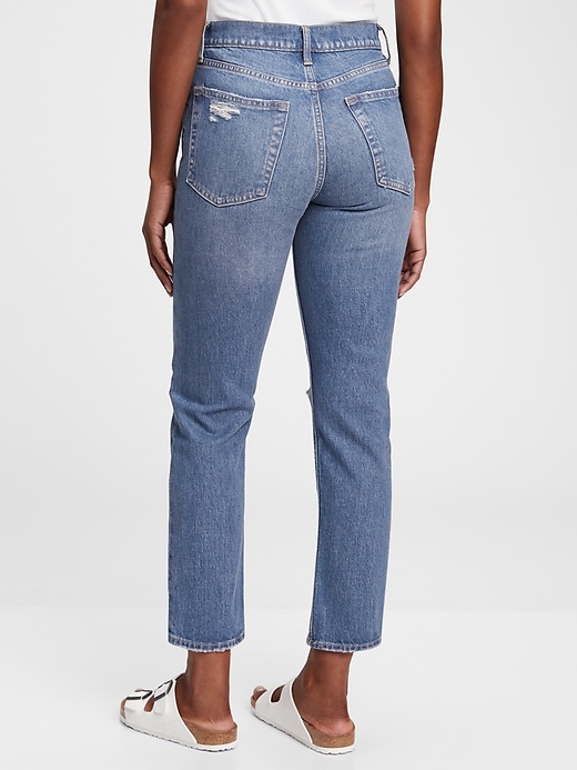 2 of 8 showing, with the color medium blue indigo of product High Rise Cheeky Straight Jeans with Washwell