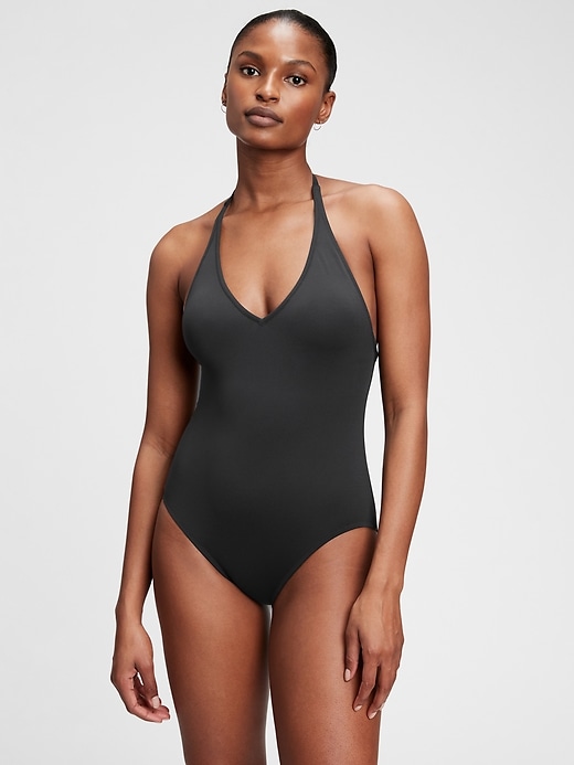 1 of 8 showing, with the color true black of product Recycled Tie-Back One-Piece Swimsuit