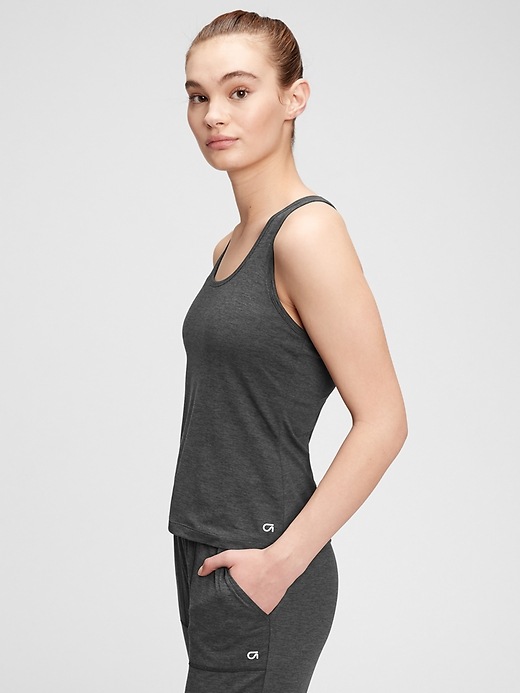 1 of 8 showing, with the color true black of product Brushed Tech Jersey Shelf Tank Top