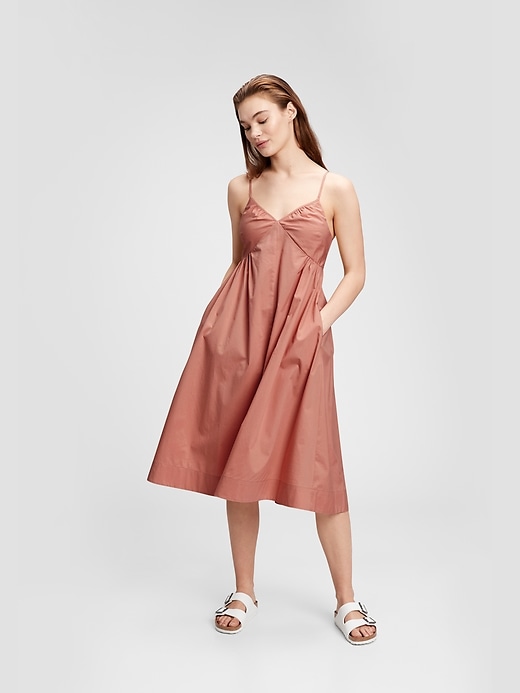 1 of 8 showing, with the color cedarwood brown of product V-Neck Cami Midi Dress