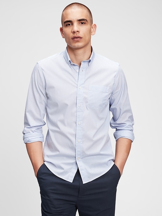 1 of 8 showing, with the color fine blue stripe of product Performance Poplin Shirt In Untucked Fit