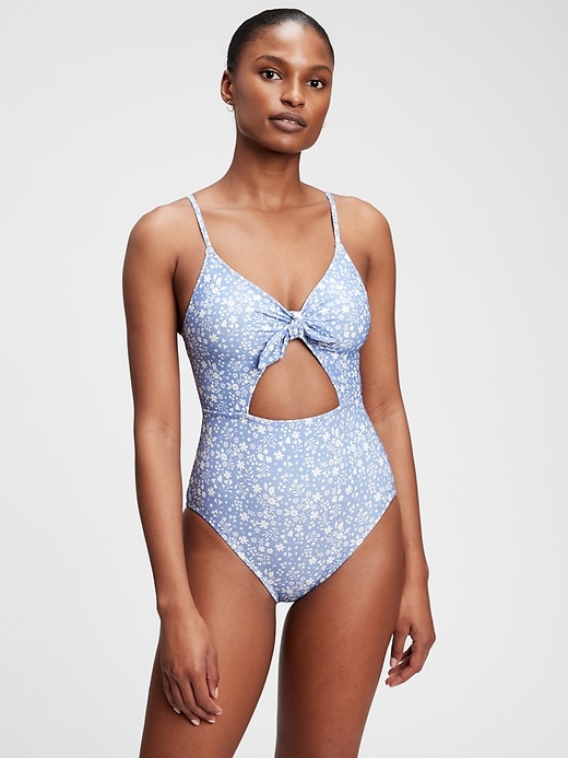 1 of 8 showing, with the color blue floral print of product Bunny-Tie Cutout One-Piece Swimsuit