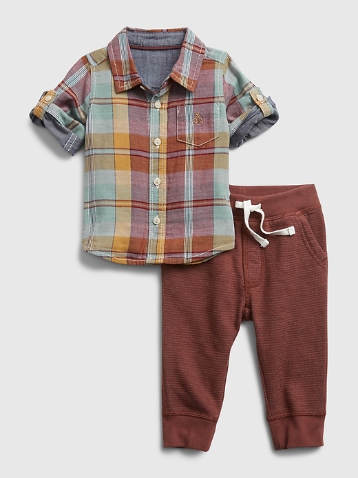 1 of 8 showing, with the color multi plaid of product Baby Plaid Outfit Set