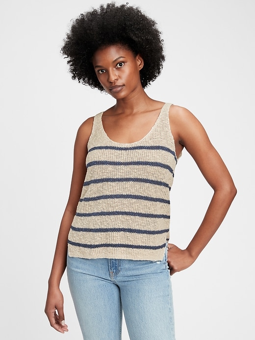 1 of 8 showing, with the color tan and navy blue stripe of product Scoopneck Tank Sweater