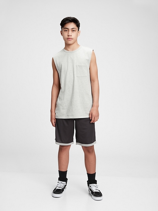 1 of 8 showing, with the color true black of product Teen 100% Recycled Polyester Reversible Mesh Pull-On Shorts