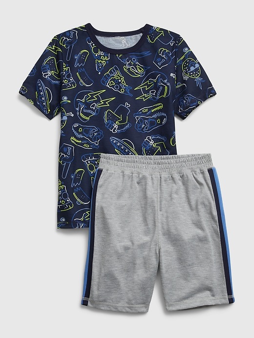 1 of 8 showing, with the color elysian blue of product Kids 100% Recycled Polyester Graphic PJ Set