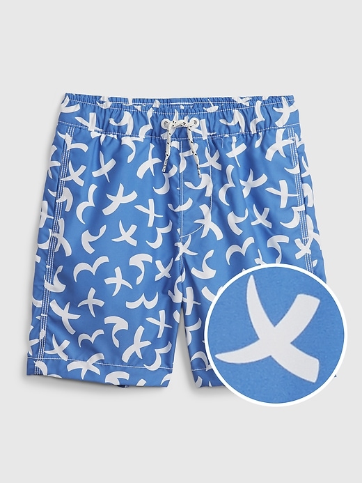 1 of 8 showing, with the color light blue of product Kids 100% Recycled Bird Graphic Swim Trunks
