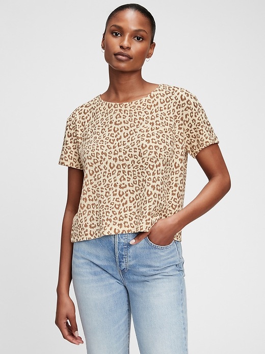 1 of 8 showing, with the color brown leopard print of product Relaxed Cropped Print Pocket T-Shirt