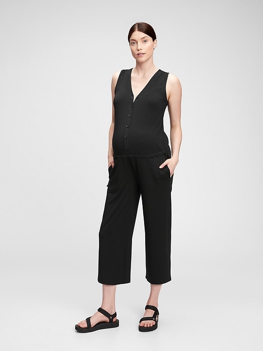 1 of 8 showing, with the color true black of product Maternity Sleeveless Button-Front Jumpsuit