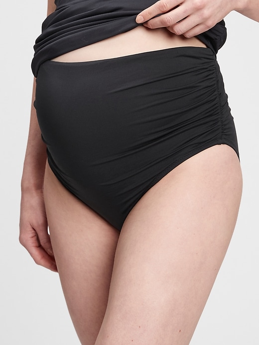 1 of 8 showing, with the color true black of product Maternity Recycled Gathered Swim Bottom