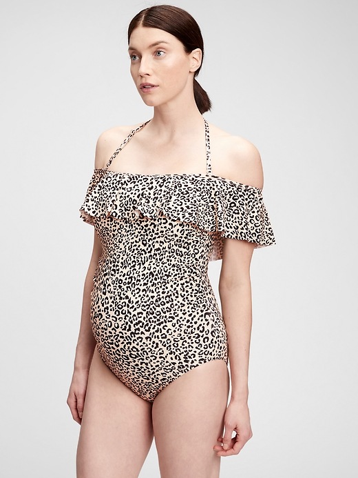 1 of 8 showing, with the color neutral cheetah of product Maternity Recycled Ruffle Off-Shoulder One-Piece Suit