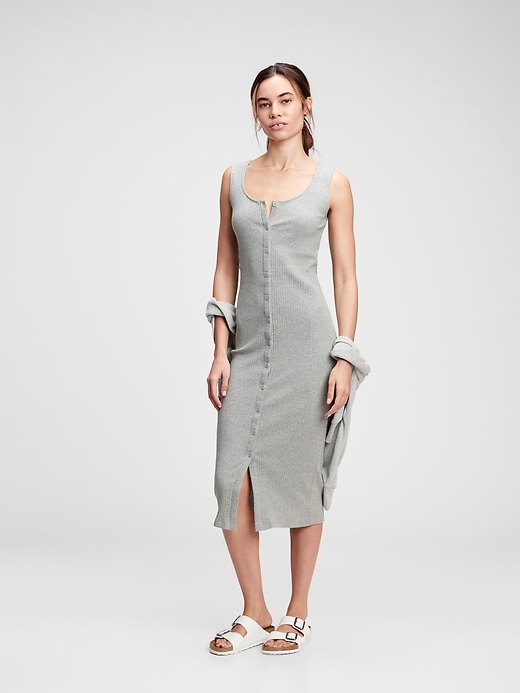 1 of 8 showing, with the color heather grey of product Sleeveless Ribbed Midi Dress