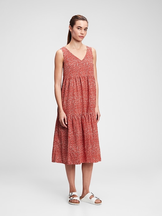 1 of 8 showing, with the color red print of product V-Neck Tiered Midi Dress