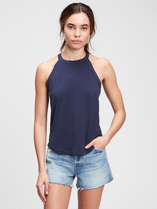 1 of 8 showing, with the color navy blue of product Sleeveless Halter-Neck Top