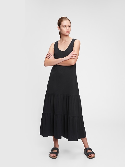 1 of 8 showing, with the color true black of product Sleeveless Tiered Maxi Dress