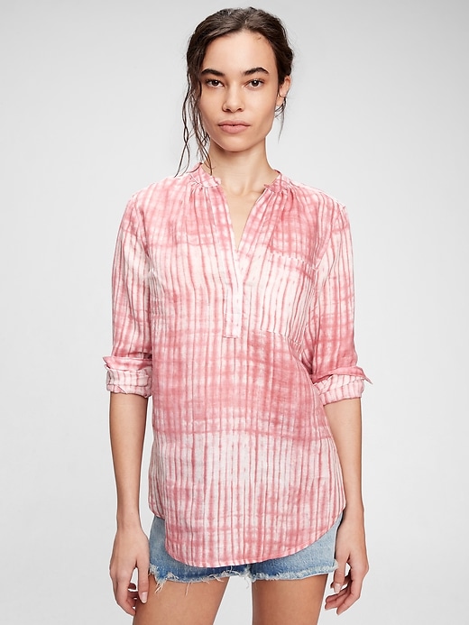 1 of 8 showing, with the color pink tie dye of product Tie-Dye Linen Popover Shirt