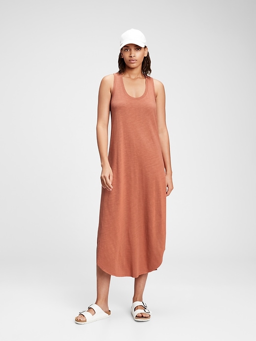 1 of 8 showing, with the color cedarwood brown of product Scoopneck Sleeveless Midi Dress