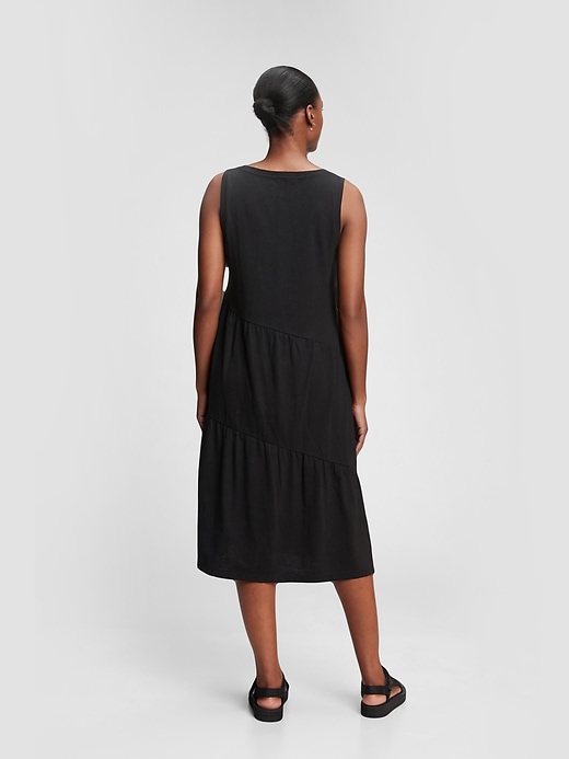 2 of 8 showing, with the color true black of product Sleeveless Tiered Ruffle Midi Dress