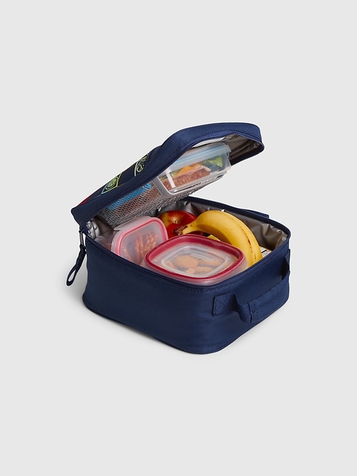 2 of 8 showing, with the color elysian blue of product GapKids &#124 Marvel Graphic Recycled Polyester Lunchbag