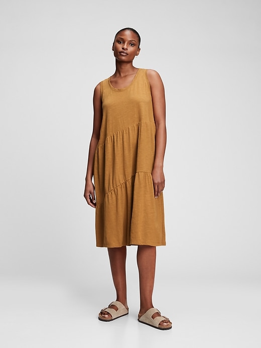 1 of 8 showing, with the color tan camel of product Sleeveless Tiered Ruffle Midi Dress