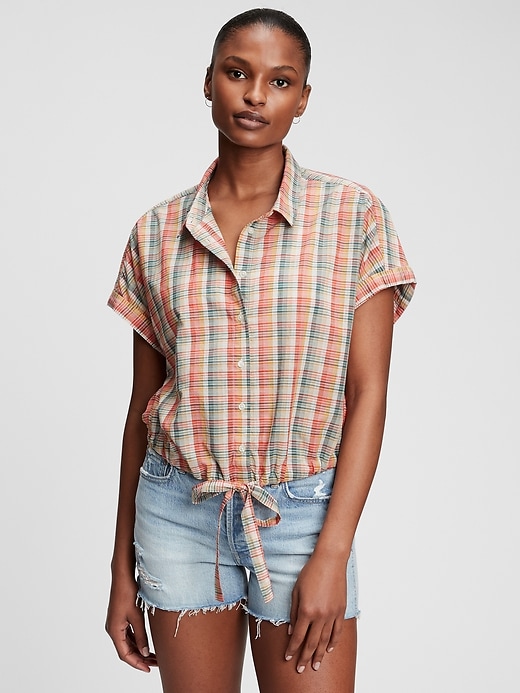 1 of 8 showing, with the color multi color plaid of product Cropped Tie-Front T-Shirt