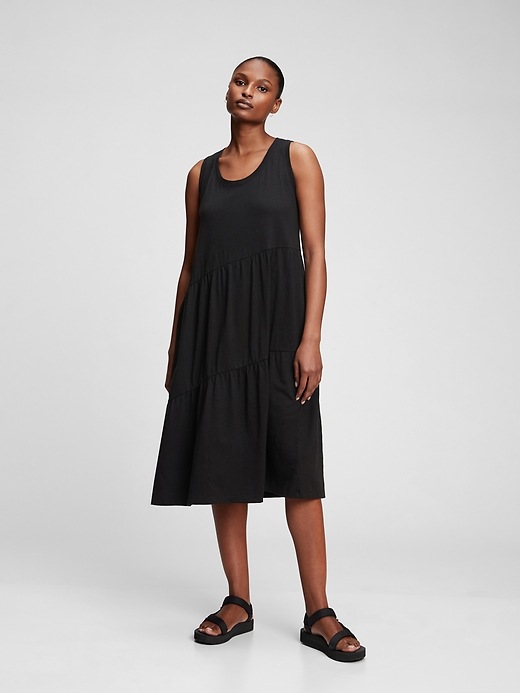 1 of 8 showing, with the color true black of product Sleeveless Tiered Ruffle Midi Dress