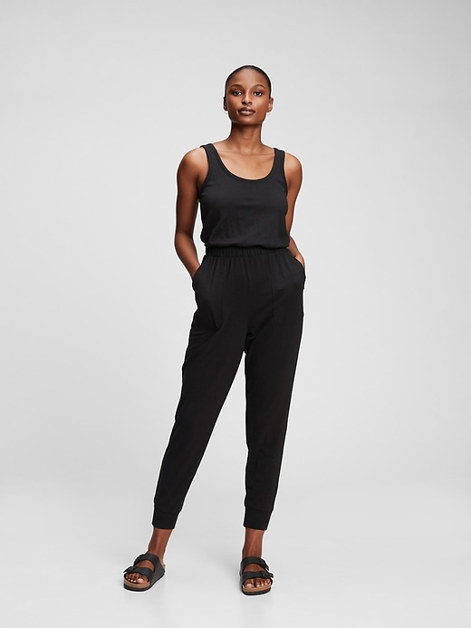 1 of 8 showing, with the color true black of product Sleeveless Patch Pocket Jumpsuit