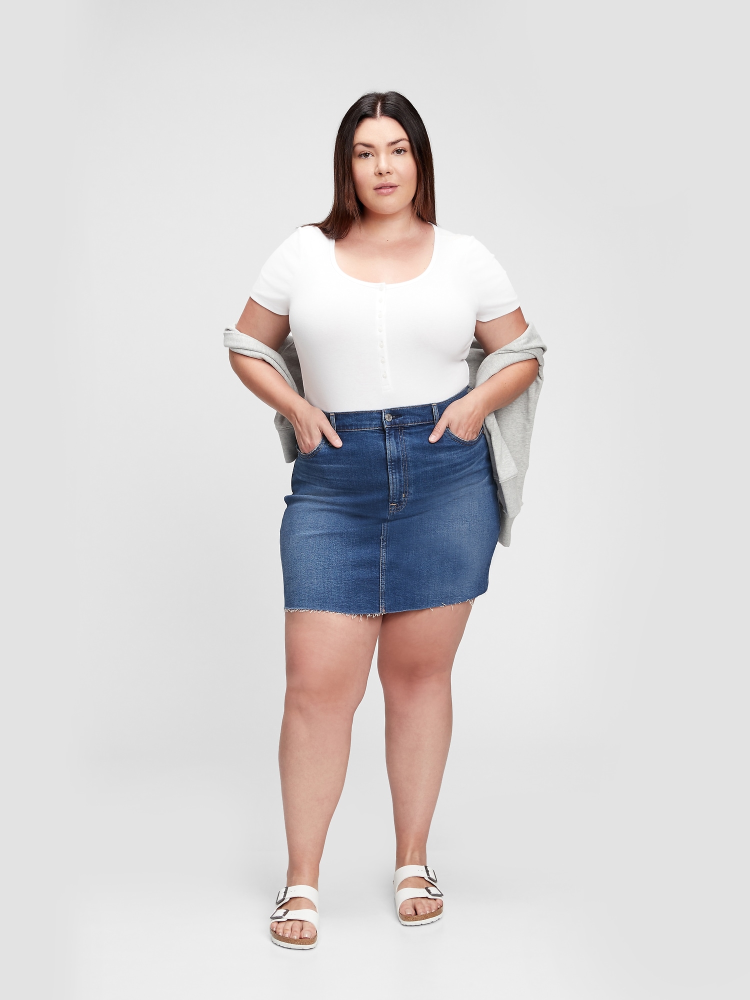 gap high rise denim midi skirt