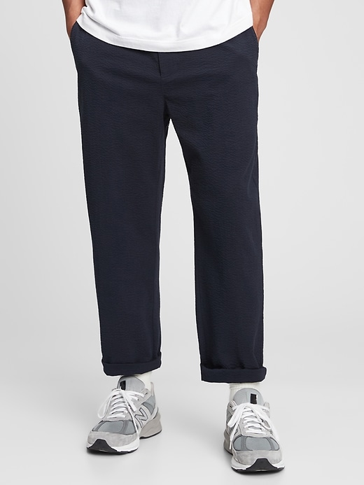 1 of 8 showing, with the color new classic navy of product Relaxed Seersucker Taper E-Waist Pants with GapFlex