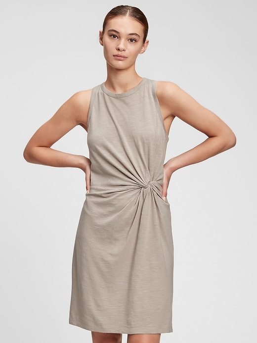 1 of 8 showing, with the color tan of product Sleeveless Knot-Waist Dress