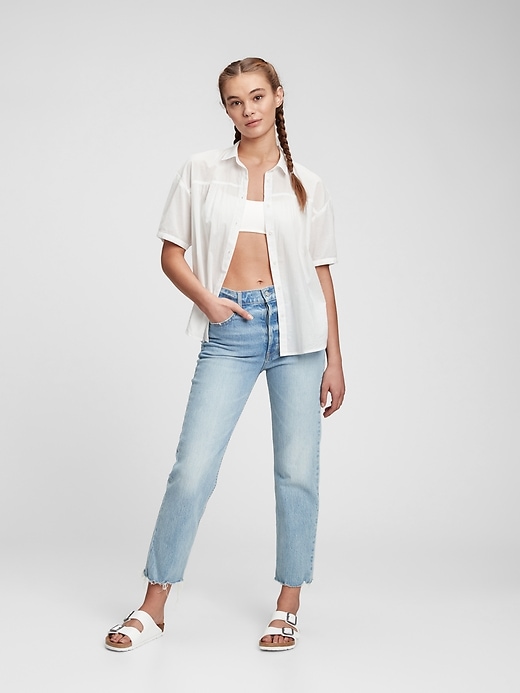 1 of 8 showing, with the color new off white of product Shirred Button-Front Shirt