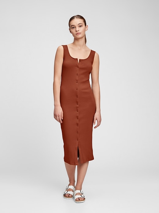 1 of 8 showing, with the color burnt russet red of product Sleeveless Ribbed Midi Dress