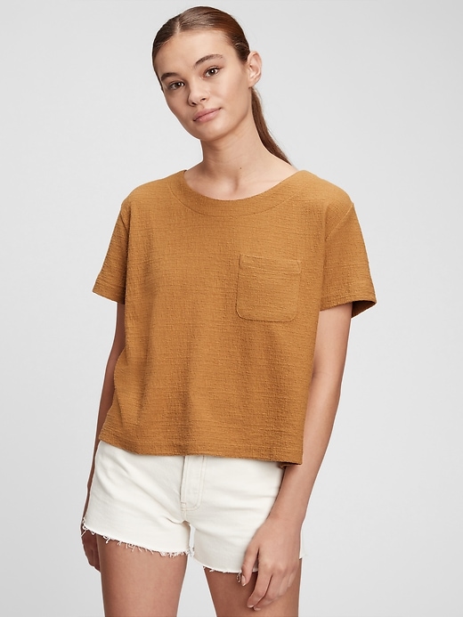 1 of 8 showing, with the color tan camel of product Relaxed Cropped Pocket T-Shirt