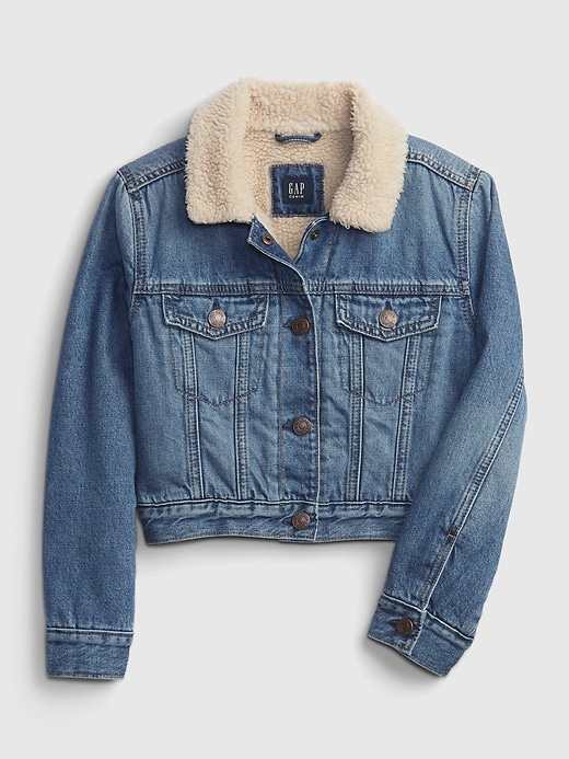 1 of 8 showing, with the color medium wash of product Kids Cropped Sherpa Denim Icon Jacket