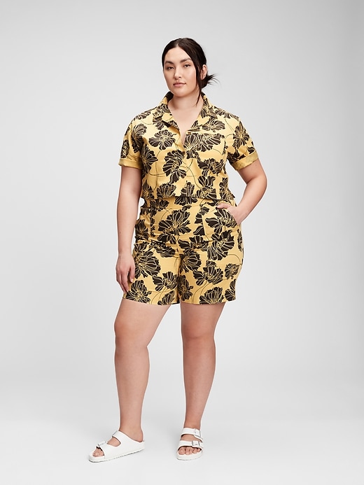 1 of 8 showing, with the color yellow & black floral print of product Sky High Pull-On Bermuda Print Shorts