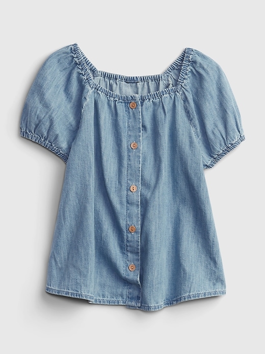 1 of 8 showing, with the color medium wash of product Toddler 100% Organic Cotton Denim Puff Sleeve Top