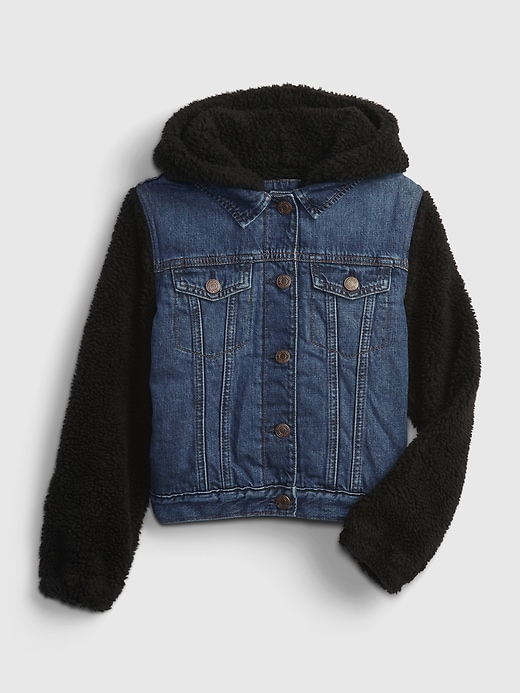 1 of 8 showing, with the color dark wash of product Kids Denim Sherpa Jacket