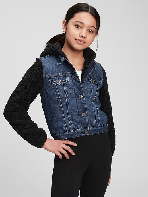 2 of 8 showing, with the color dark wash of product Kids Denim Sherpa Jacket