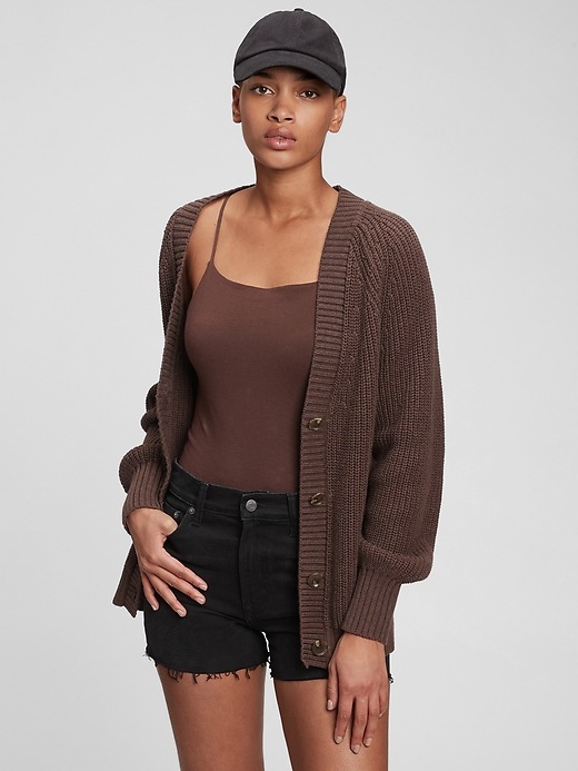 1 of 8 showing, with the color espresso brown of product Boyfriend Shaker-Stitch Cardigan