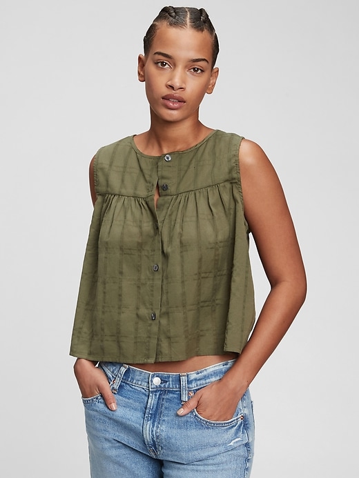 1 of 8 showing, with the color army jacket green of product Sleeveless Button-Front Top