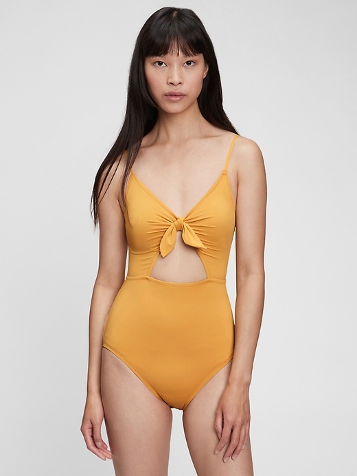 View large product image 1 of 1. Bunny-Tie Cutout One-Piece Swimsuit