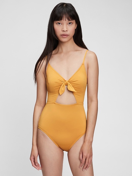1 of 8 showing, with the color golden yellow of product Bunny-Tie Cutout One-Piece Swimsuit