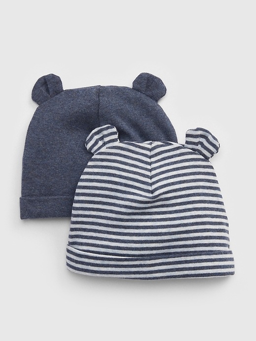 1 of 8 showing, with the color navy heather of product Baby First Favorite Stripe Bear Hat (2-Pack)