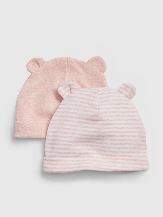 1 of 8 showing, with the color pink heather of product Baby First Favorite Stripe Bear Hat (2-Pack)