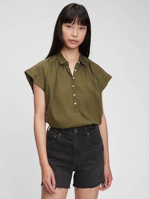 1 of 8 showing, with the color olive green of product Short Sleeve Popover Top