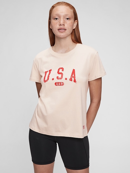1 of 8 showing, with the color oyster beige of product Gap Arch Logo T-Shirt